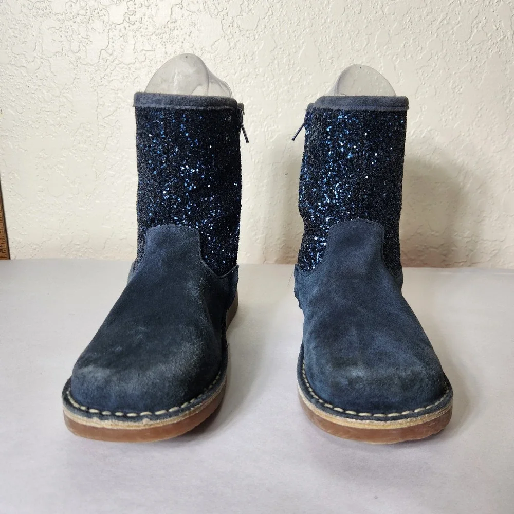 Mini Boden Kids Navy Blue Suede Glitter Faux Fur Lined Boots Size 38